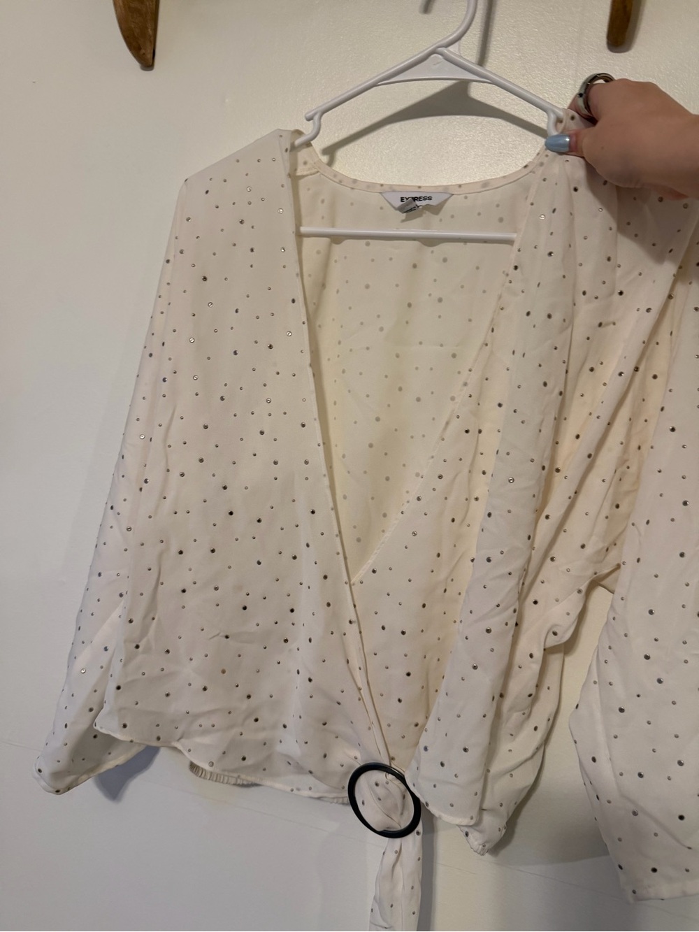 Express Cream Wrap Blouse with Ring Tie and Rhinestone Dots
